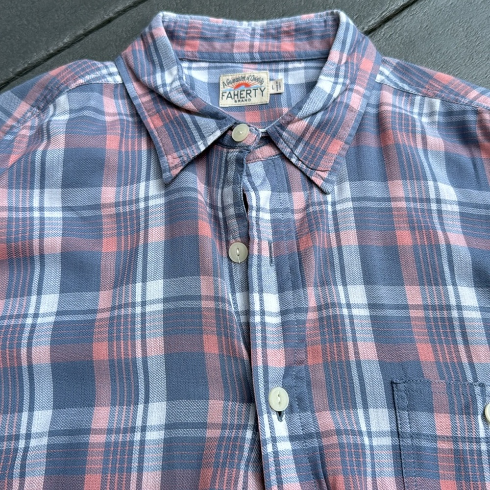 Faherty Coral and Gray Plaid Shirt - Picture 3 of 13